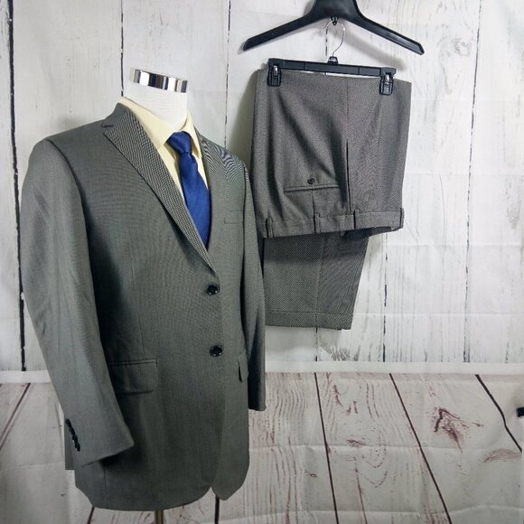 Samuelsohn Pinstripes KC Super 120s Custom Made 42R 2 Btn Gray Birdseye 2pc Suit - Picture 1 of 8
